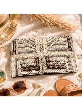 Asos Beaded Clutch Black Cream Beige Boho Chic Embellished Wanderlust Festival